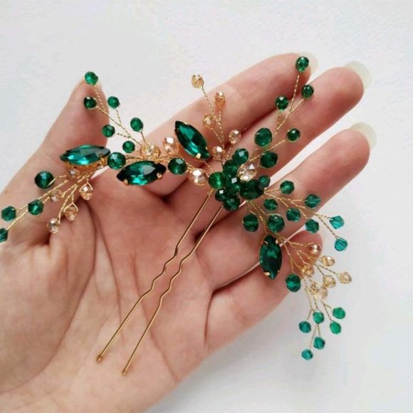 Hair Accessories Vintage Bridal Clips Flower Green - Picture 3 of 4